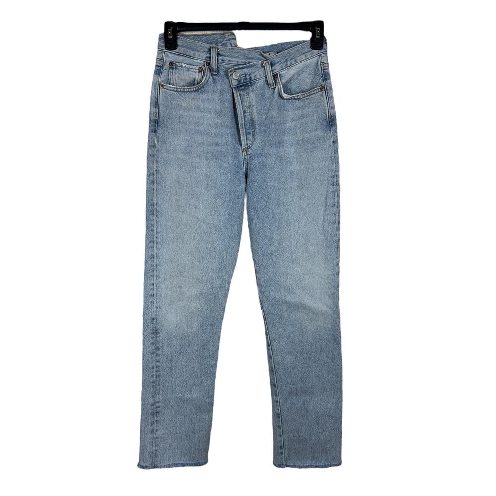 AGolde SZ 27 Criss Cross Straight Leg Jeans Button-Fly Frayed Hems Light Wash